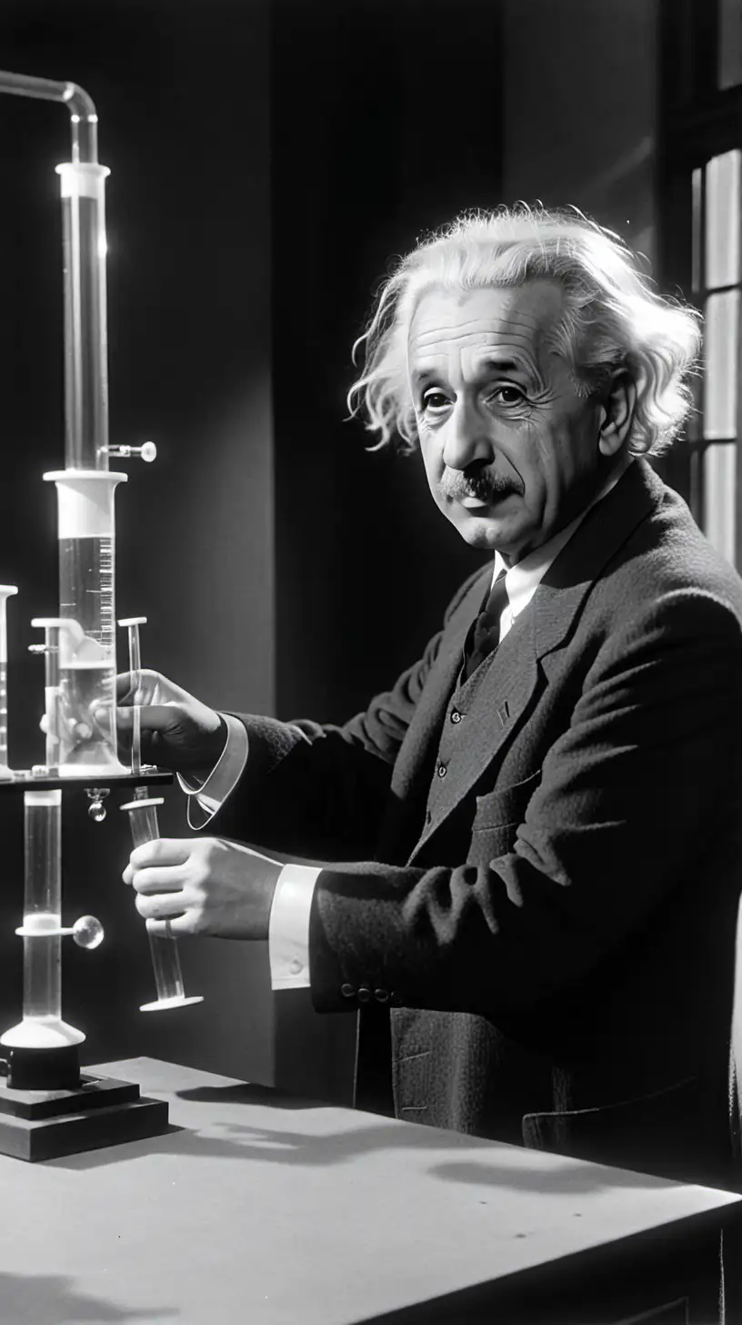 1952, Albert Einstein prepares a chemical element in a chemical laboratory. Let the laboratory be dark and you can see outside the window.
