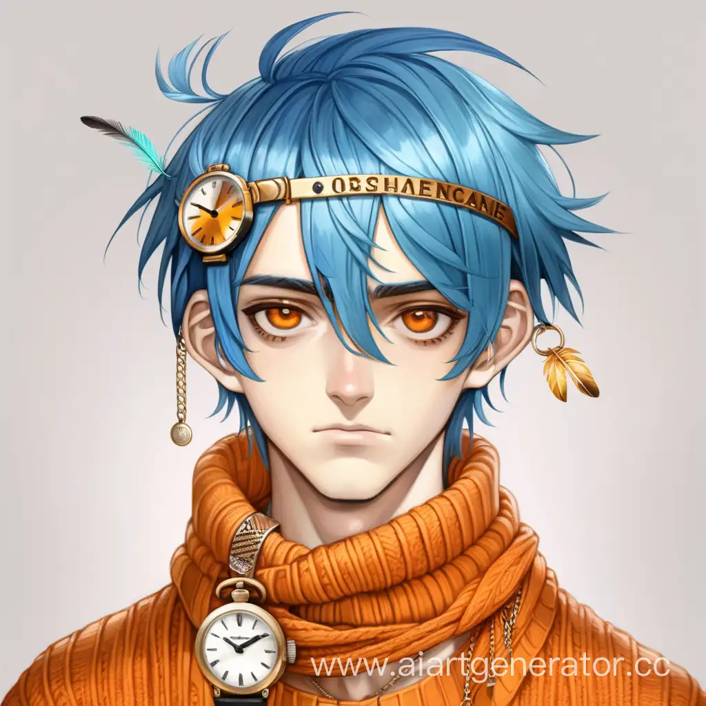 молодой парень, синие волосы, ассиметричная челка, золотые глаза, зрачек в виде циферблата часов, на голове повязка со свисающим пером, одет в оранжевую кофту, на шее шарф