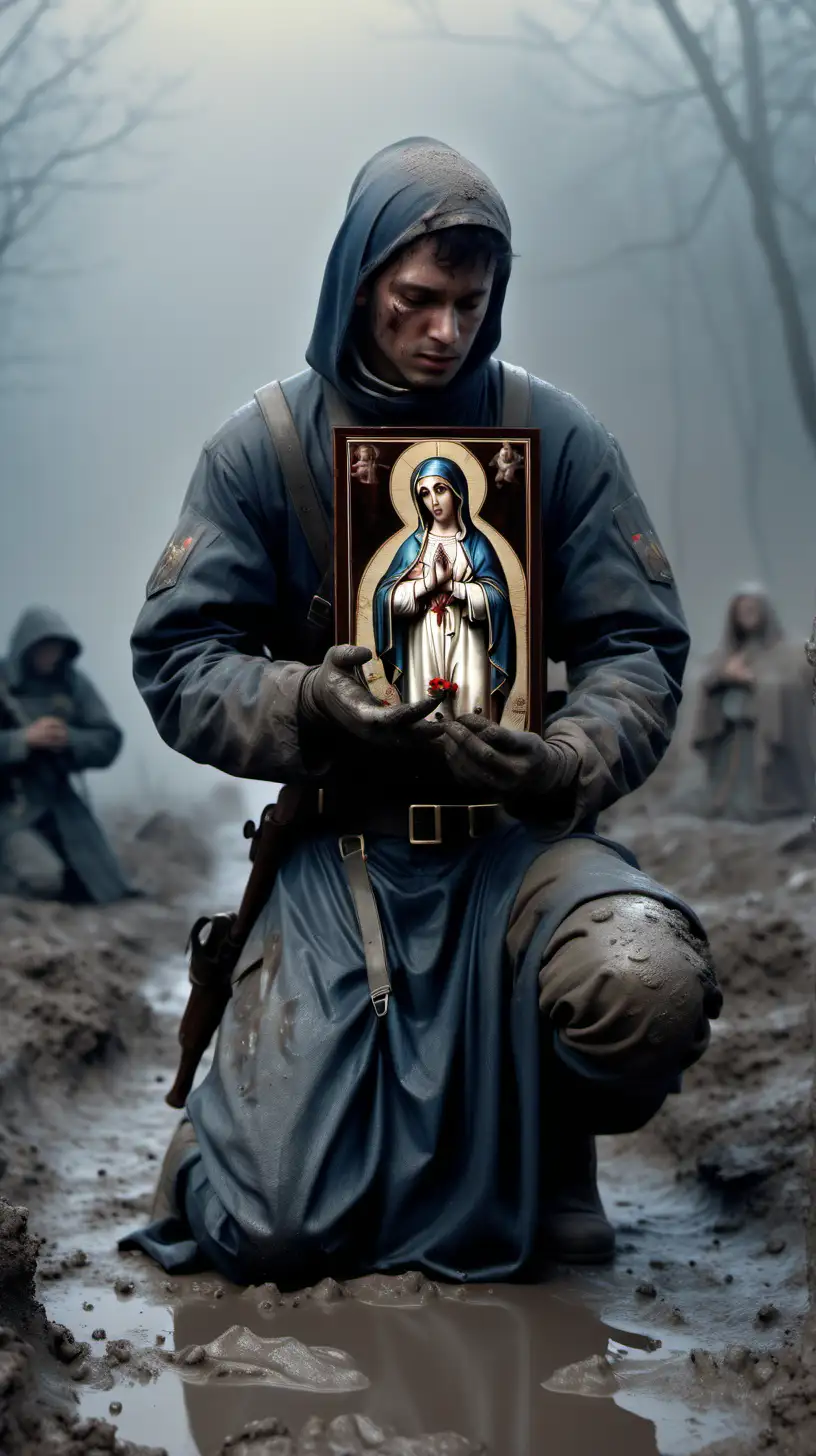 Tercios Soldier Kneeling with Virgin Mary 16th Century UltraRealistic Image