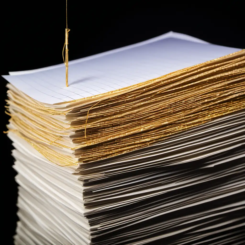 1000000000 sheet high stack of papers, needle traversing through paper stack with golden thread --c 100