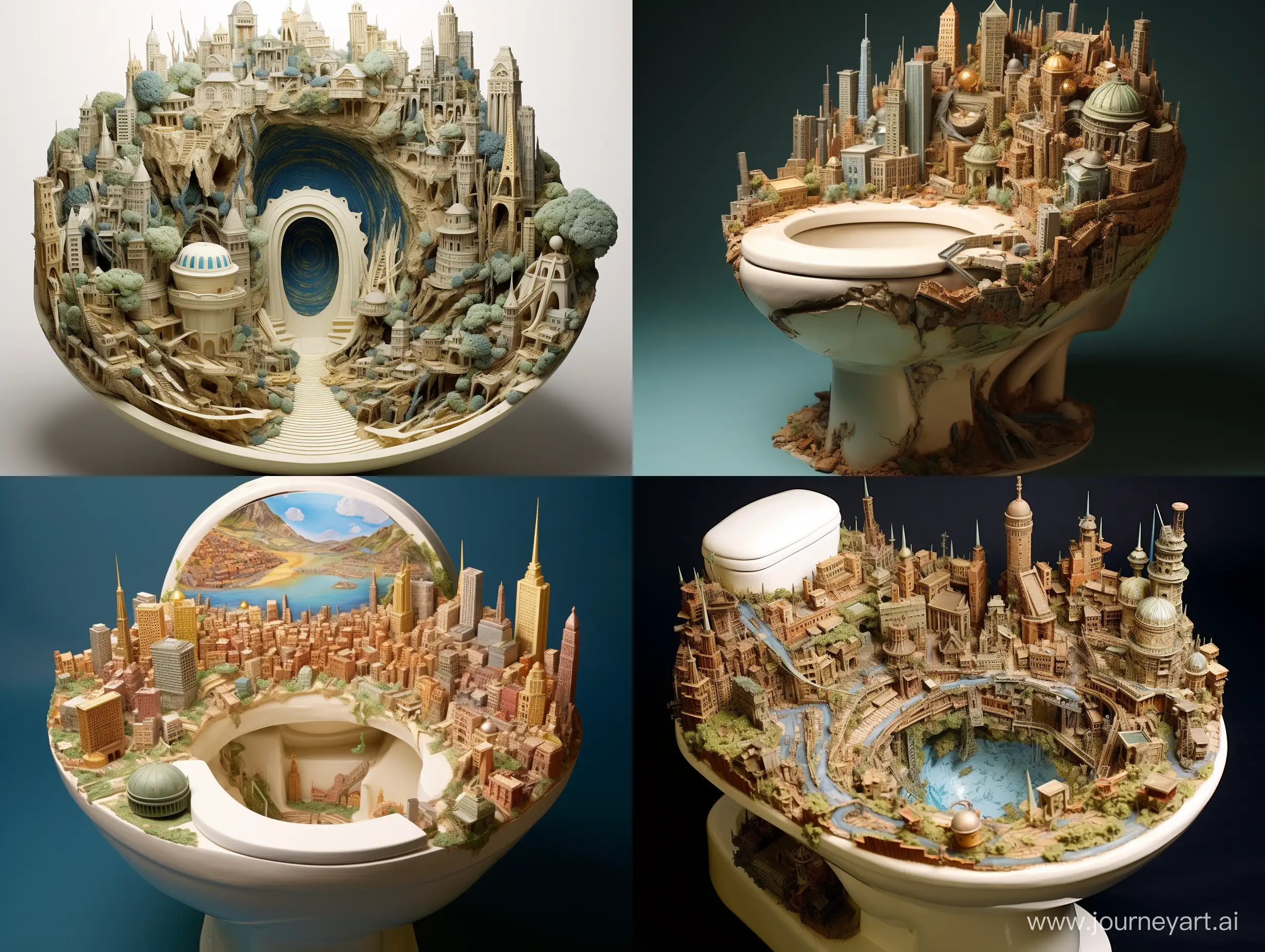 a highly detailed, miniature cityscape and advanced civilization have formed in a toilet bowl