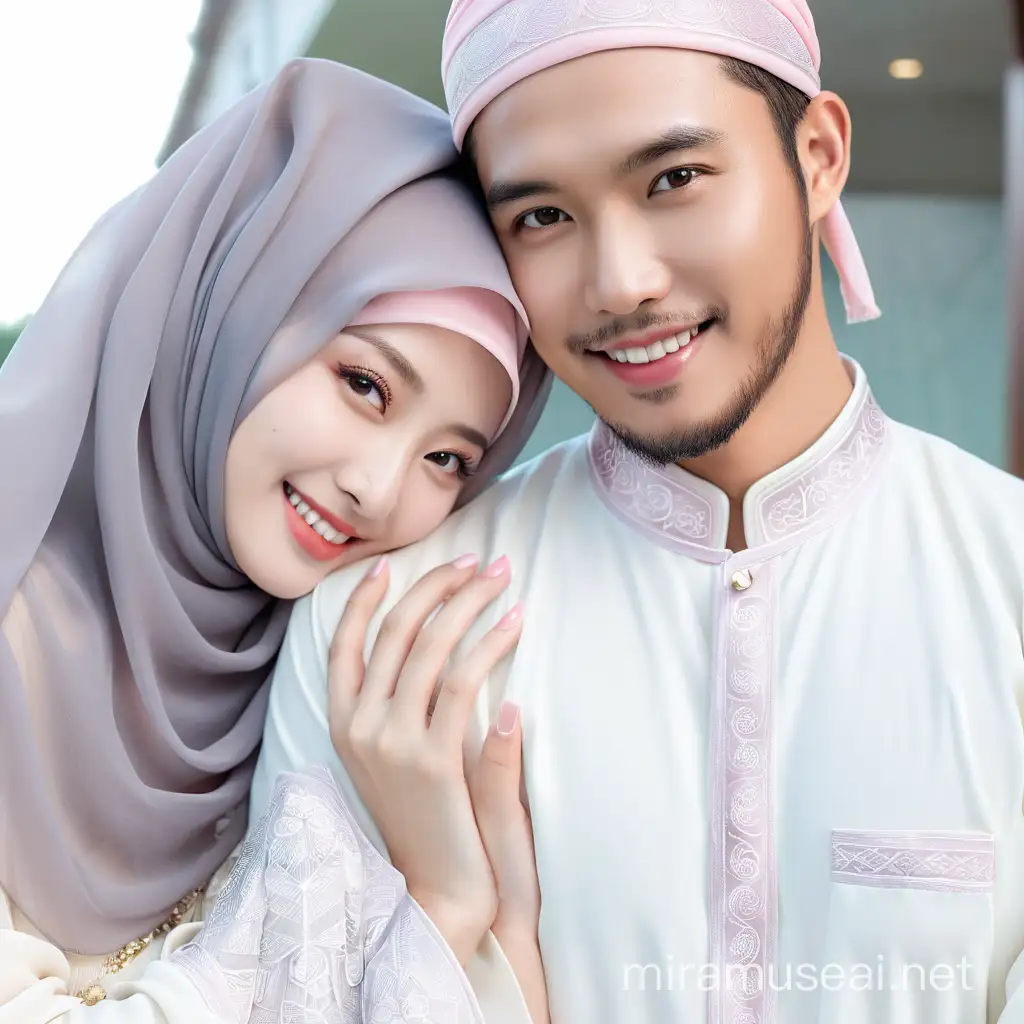 Asian Artist Woman and Husband Smiling Lovingly in Pink Hijab