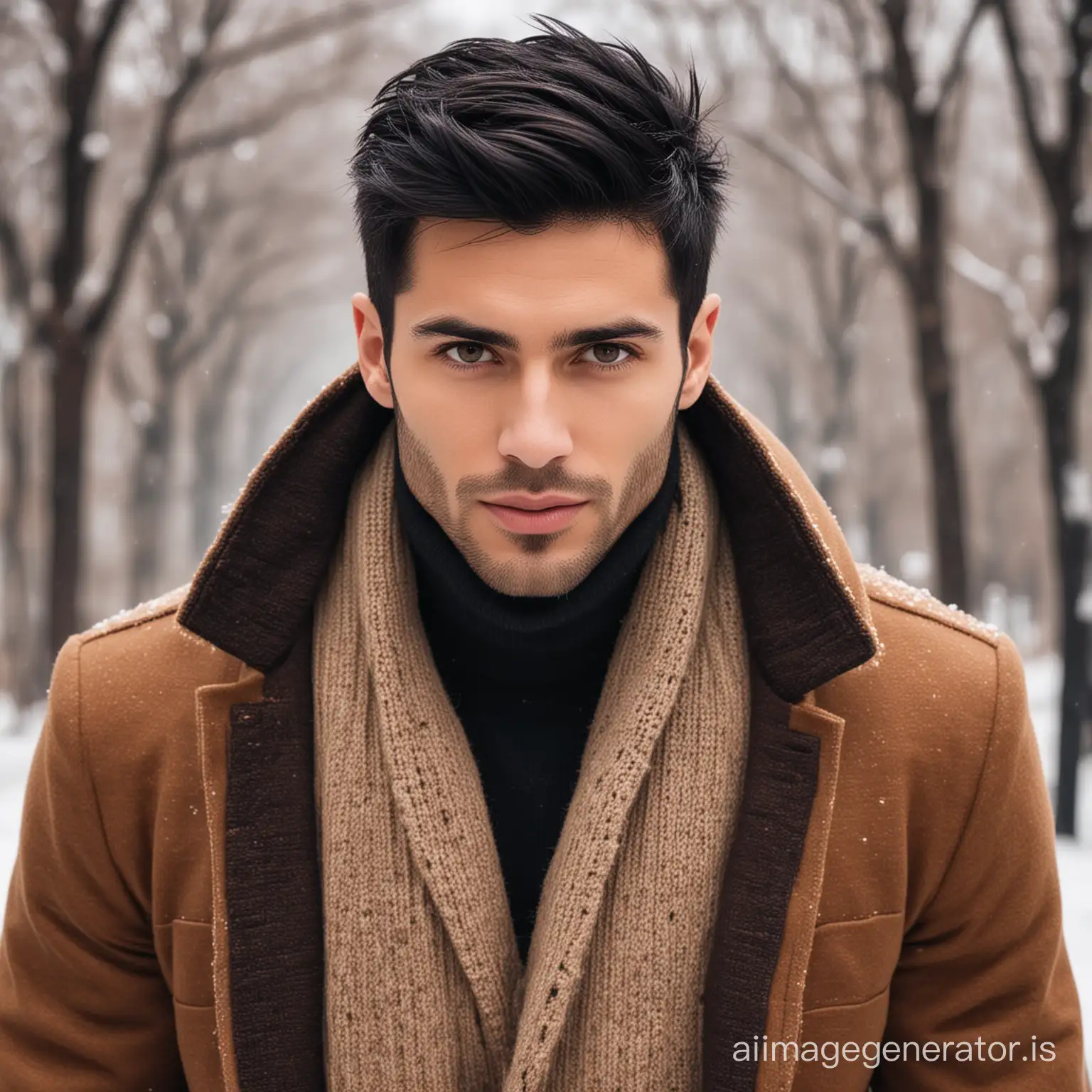Stylish man with black straight hairs with brown in winter