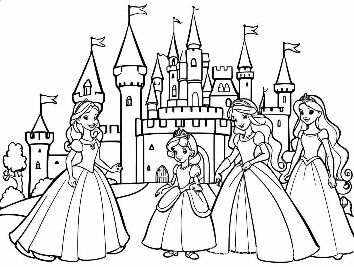 Castle-Princesses-Coloring-Page-for-Kids-Simple-and-Distinct-Outlines