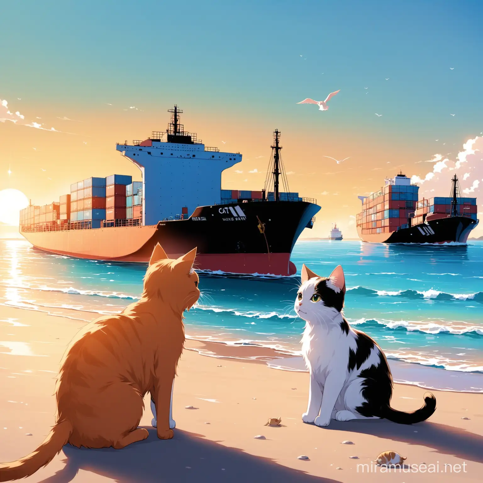 Feline Family Relaxing by the Seashore Watching Passing Cargo Ship