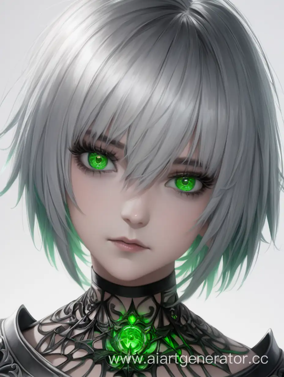 Beautiful girl-necromant with short silver hair and green eyes