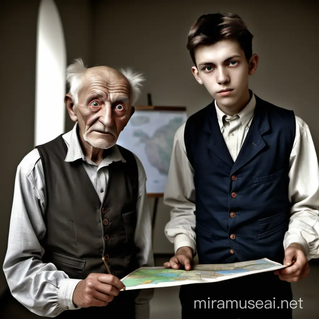 The exam at the Institute, 1900.The photo shows an elderly, corrosive and snide 70-year-old professor in a vest, next to a student, a young man of 18 years old, stands and shows something on a geographical map with a thin stick, 
Digital SLR camera, Canon, 85 mm lens, 0.9 aperture, high resolution, ultra-high sharpness, ::_ in photorealistic style, expressive eyes highlighted on one side, on the face, portrait -SDXl-1.5-ar 3:2”