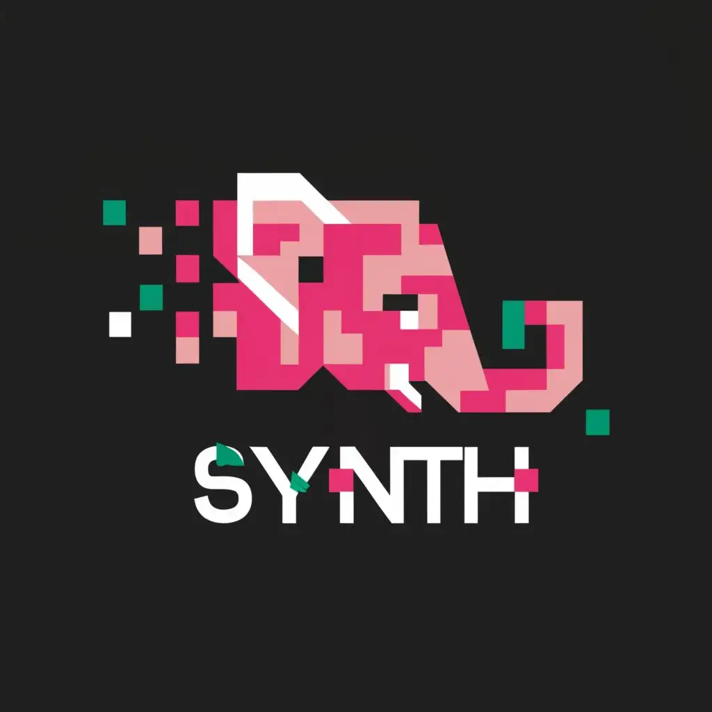 logo, color blocking pixelated pink elephant head, 90s vibe, with the text "synth", typography
