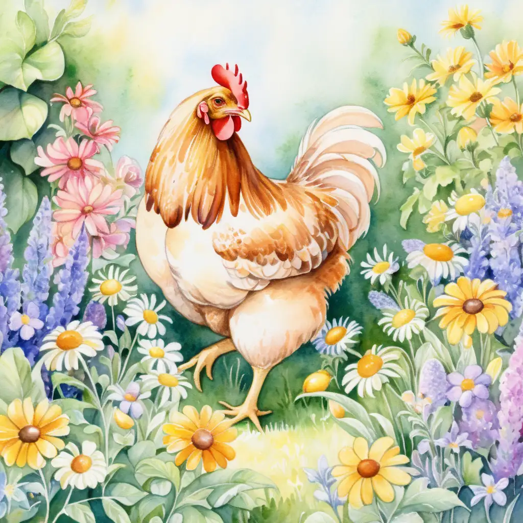 En kyckling som plockar blommor I en trädgård. Sommar med vattenfärg 