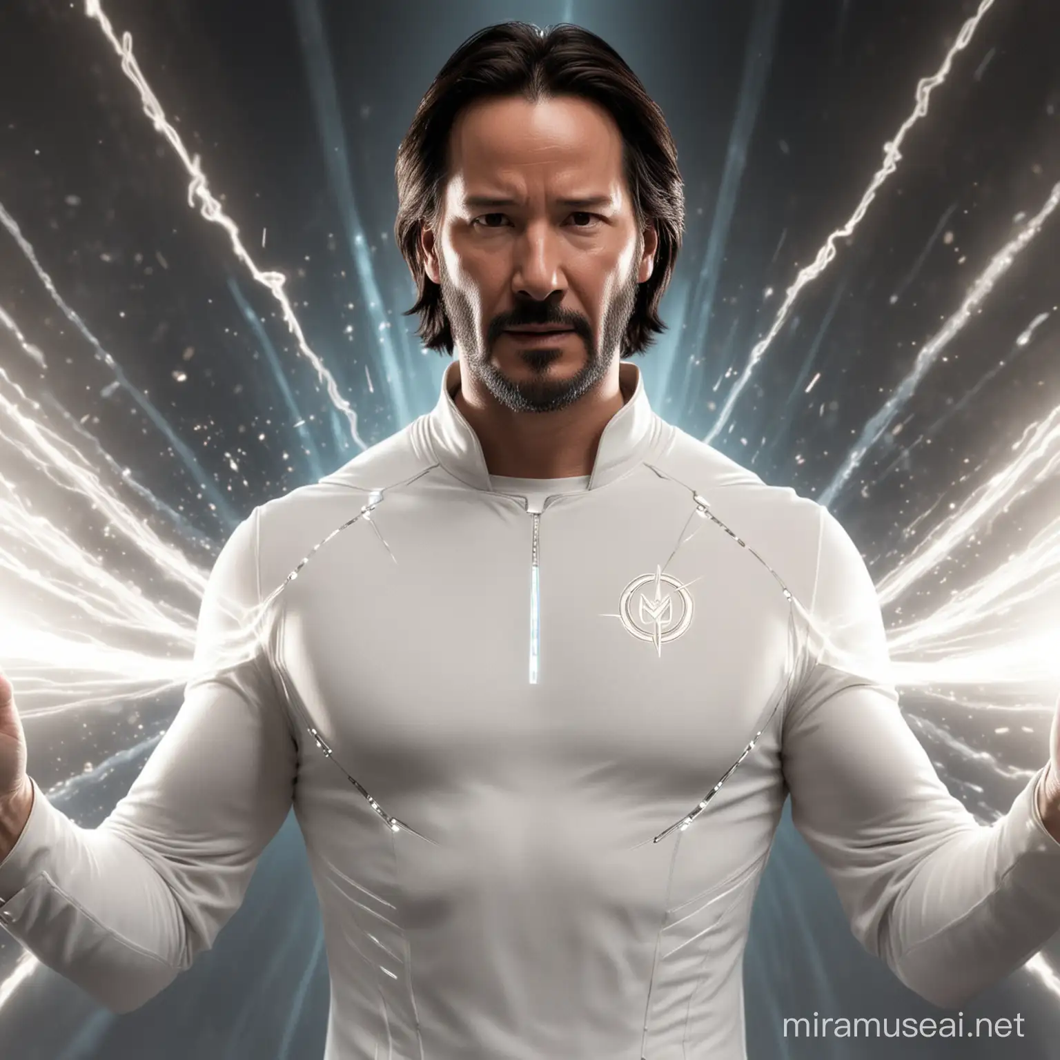 Keanu Reeves Portraying Futuristic God with Marvel Symbol