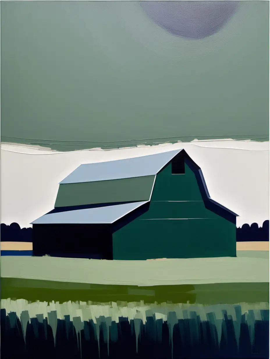 oil painting, abstract minimalism, barn in field, sage dark green and navy color palette