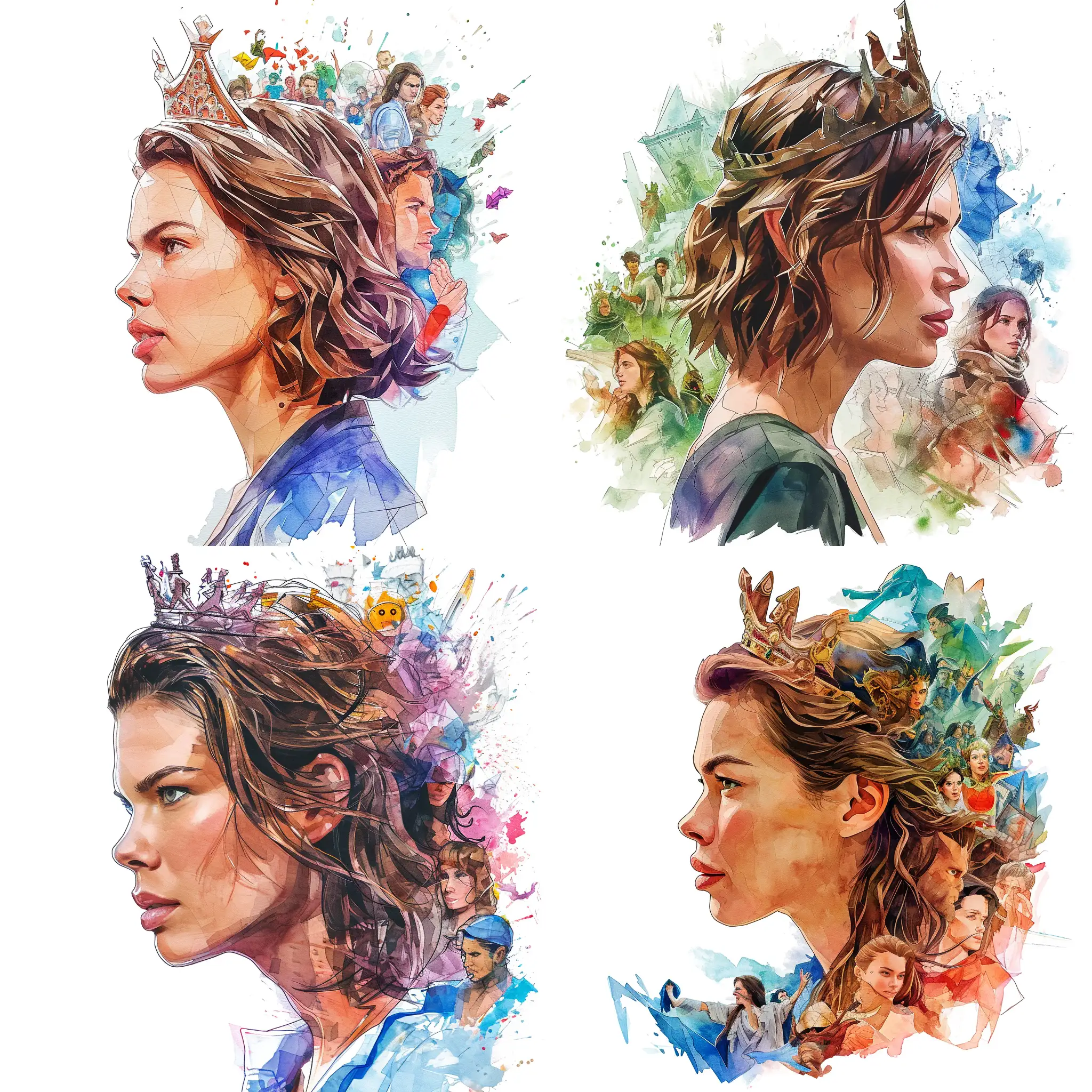 Portrait of actress Mila Jovovich, beautiful, in the role of Lilu, in profile, with a crown on her head, against the background of characters from films, on a white background, caricature, watercolor, in detail, impressionism style, origami