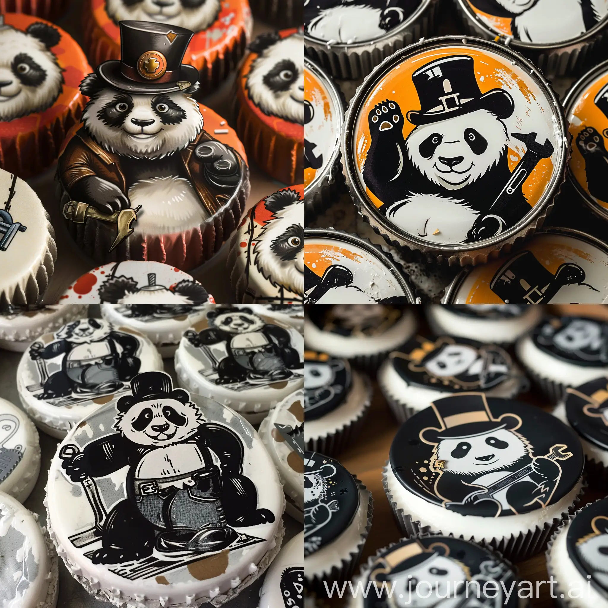 Illustration on milk caps of  panda in a top hat with a wrench in his hand