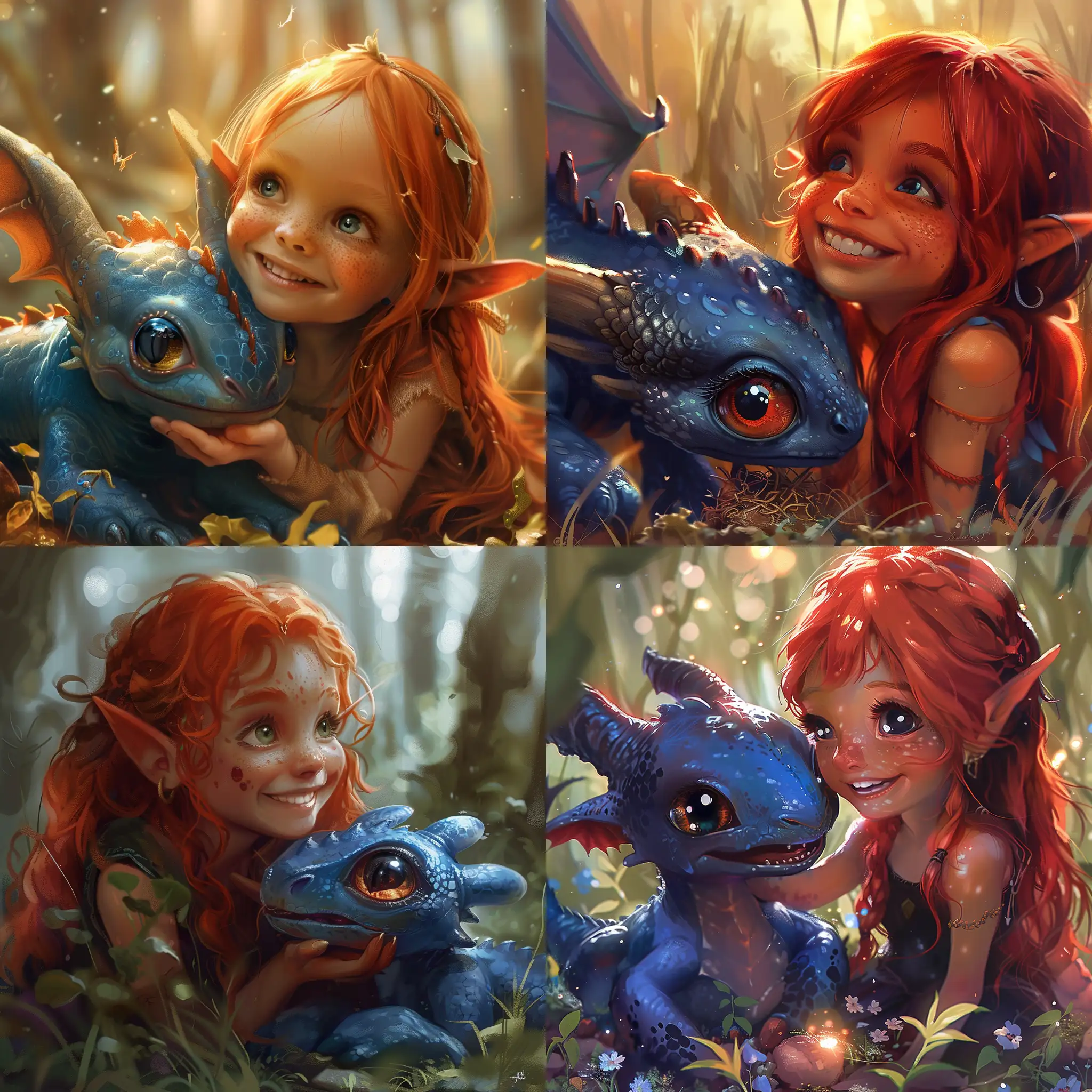 A red haired elf girl smiling with a blue, big eyed kindling dragon. Beautiful magical fantasy mysterious etheral highly detailed