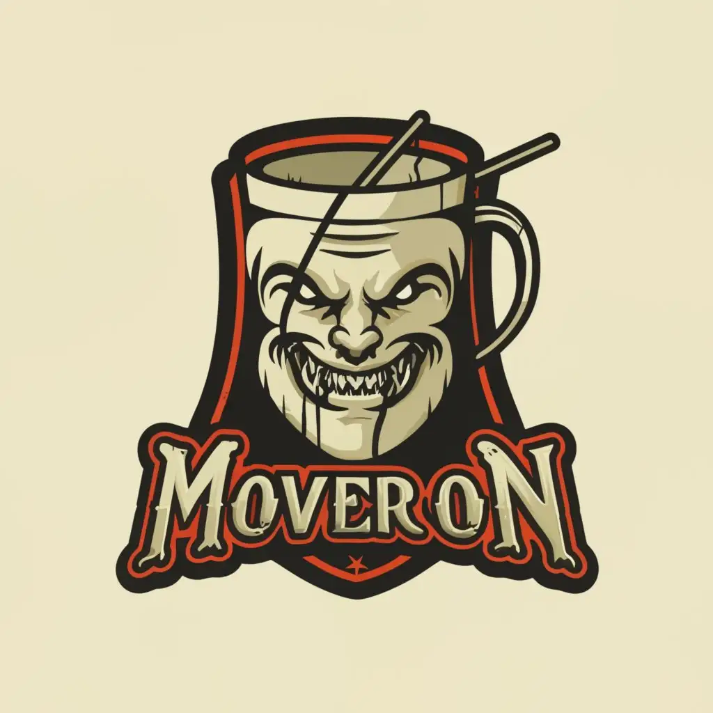 a logo design,with the text 'MOVERON', main symbol:Horror style, pottery mug, ,Moderate,clear background