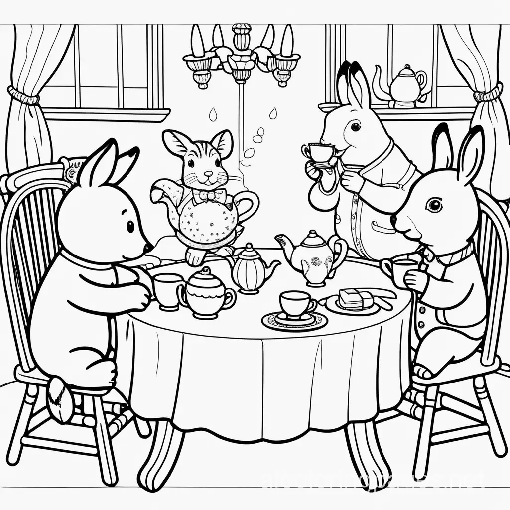 A charming tea party with talking animals, Coloring Page, black and white, line art, white background, Simplicity, Ample White Space. The background of the coloring page is plain white to make it easy for young children to color within the lines. The outlines of all the subjects are easy to distinguish, making it simple for kids to color without too much difficulty