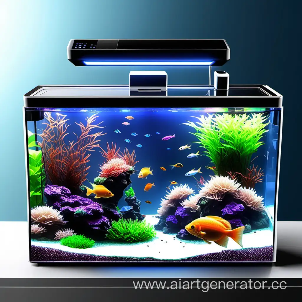 умный аквариум, оснащенный искусственным интеллектом, дополнительным резервуаром для очистки, системой очищение и системой кормления рыбок
