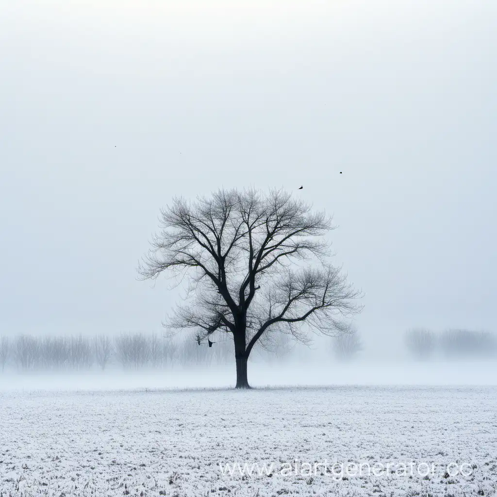 Serene-Winter-Landscape-with-Lone-Tree-and-Flock-of-Birds-in-Mist