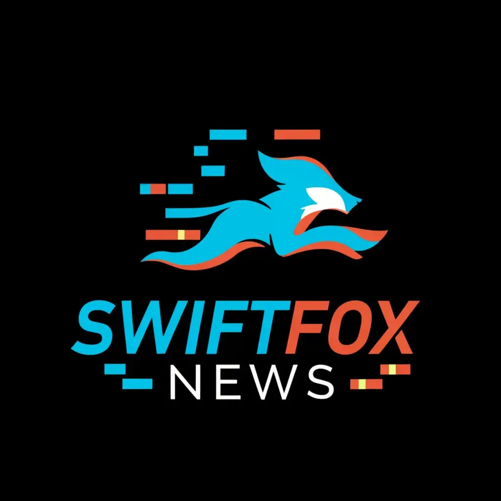 a logo design,with the text "Swiftfox NEWS", main symbol:glitchy red and blue icon of running fox on black background,Minimalistic,be used in Internet industry,clear background