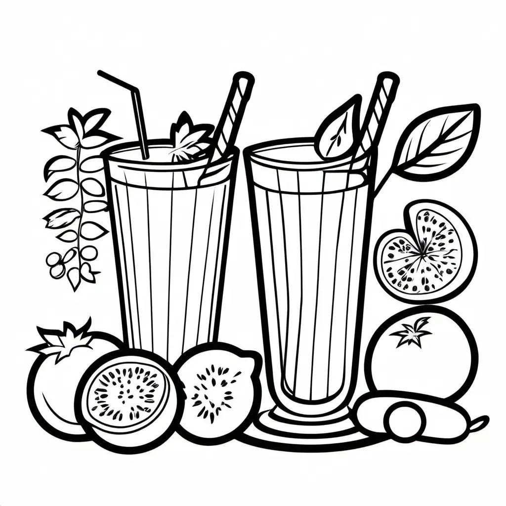Smoothies bold ligne and easy, Coloring Page, black and white, line art, white background, Simplicity, Ample White Space. The background of the coloring page is plain white to make it easy for young children to color within the lines. The outlines of all the subjects are easy to distinguish, making it simple for kids to color without too much difficulty