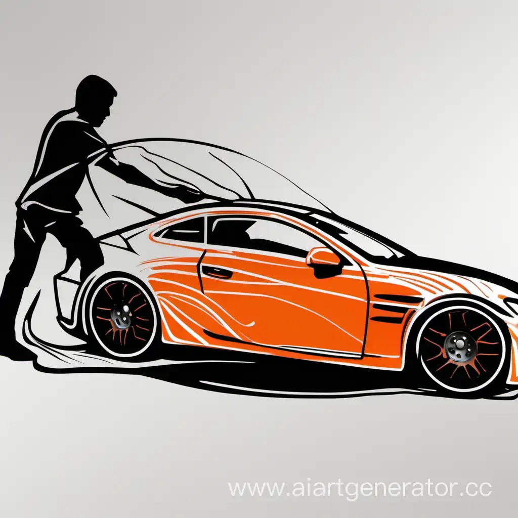 нарисуй человека, который натягивает виниловую плёнку на автомобиль, Цвета: чёрный, белый, оранжевый