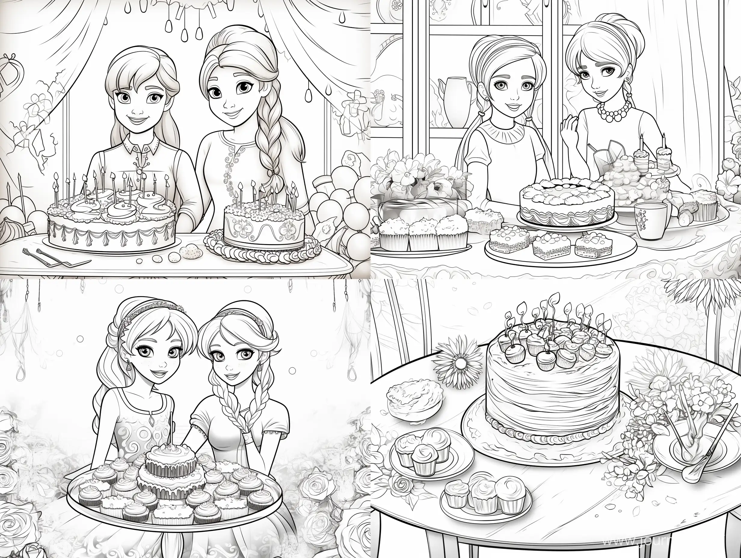 Anna ed Elsa Disney frozen che invitano ad una festa di compleanno. Si vede una tavola piena di dolci ed In mezzo una torta gigante col numero 3. Disegno da colorare