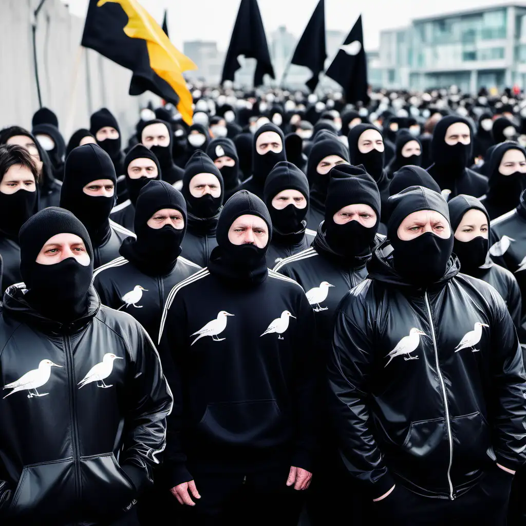 Black Tracksuit Crowd with Seagull Flags Gathering
