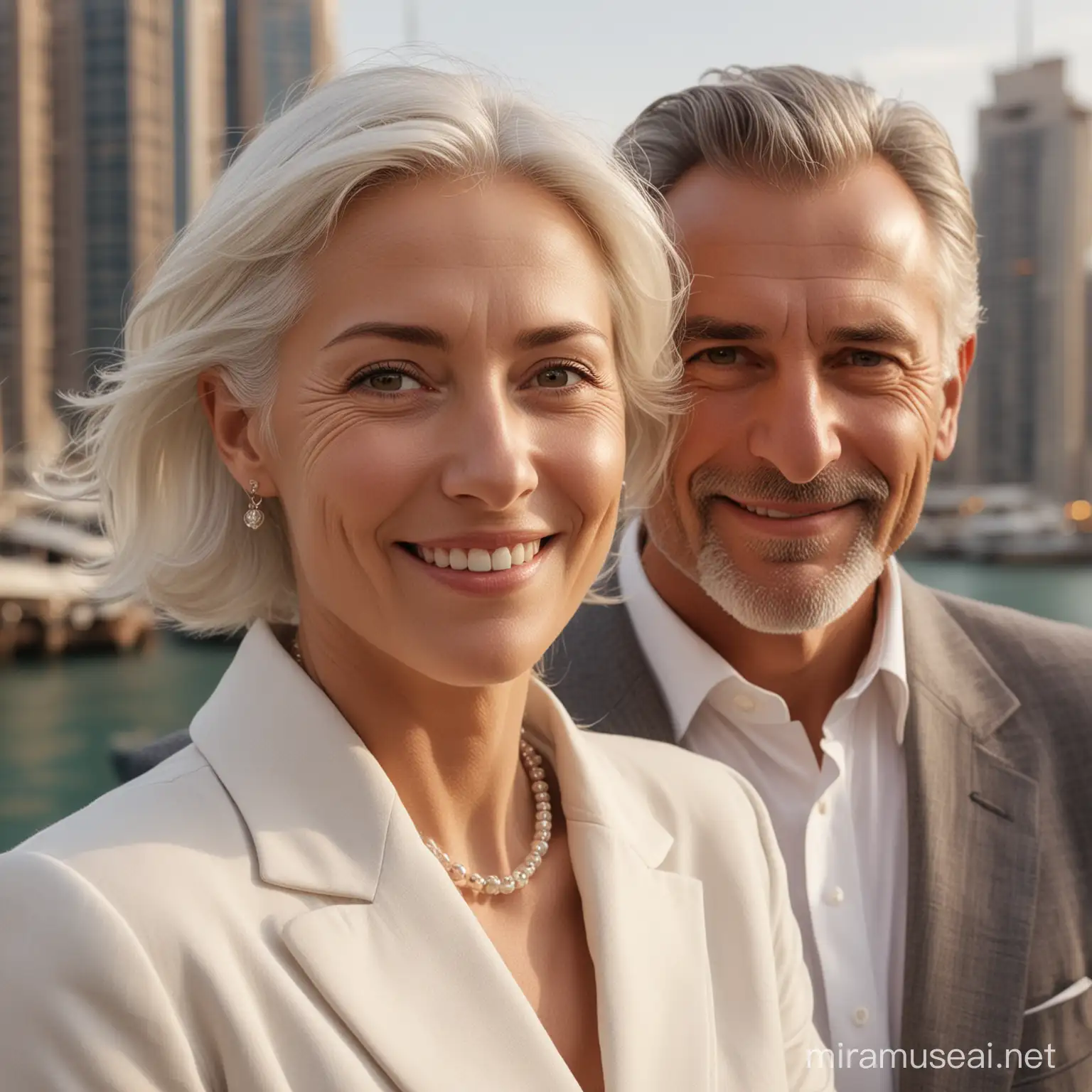 8K photorealistic Image of a couple of European retirees, a man and a woman, with white faces, wearing light clothes. They have a slender faces with high cheekbones. Their smiling eyes are large and expressive, with dark irises, framed by neatly shaped eyebrows. The woman and the man are wearing a light-colored, probably white, button-up shirt underneath a tailored gray blazer. The blazer is well-fitted, accentuating shoulders and waist. They wear minimal jewelry. The lighting in the image is soft and diffused, creating a gentle glow on their faces and a subtle interplay of light and shadow that gives their skin a luminous quality. Background is Dubai Marina, providing a contrast that highlights silhouette. Their pose is relaxed yet confident, and their torso turned towards the camera. Their expression is serene and approachable, with a hint of a smile on  lips.