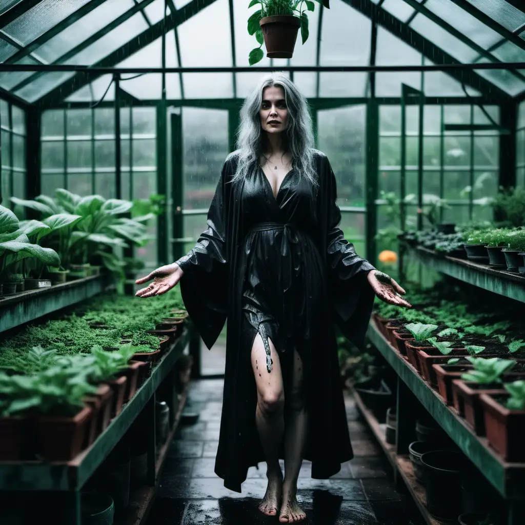 Witchy woman, gray hair, dark robes, dirty bare feet, glowing green hands, rainy greenhouse environment, more dark and moody