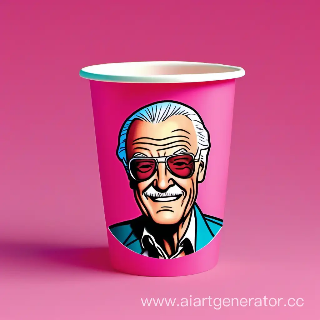A picture of Stan Lee on the side of a pink cup