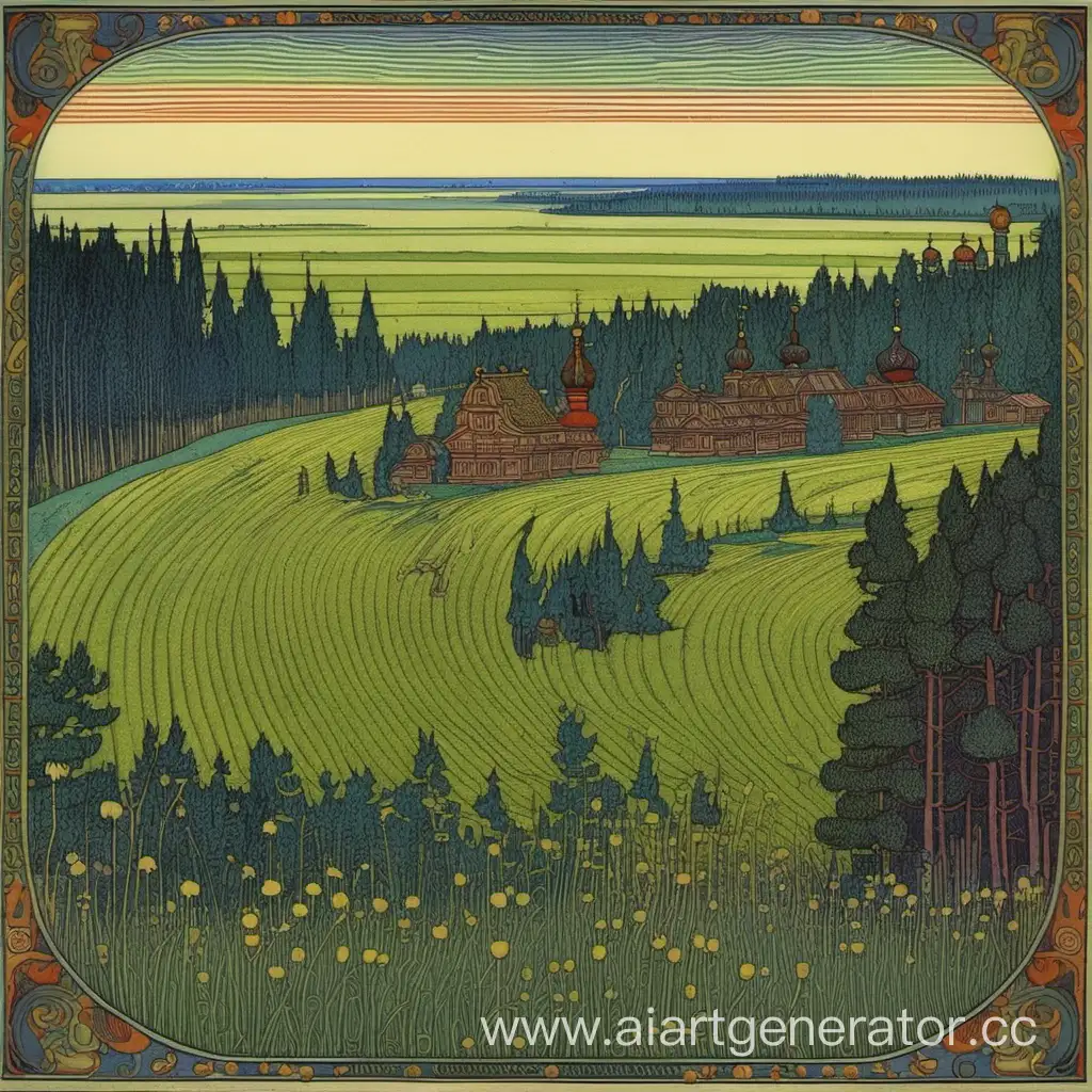 Ivan-Bilibin-Inspired-Fantasy-Landscape-Enchanted-Field-with-Folklore-Creatures