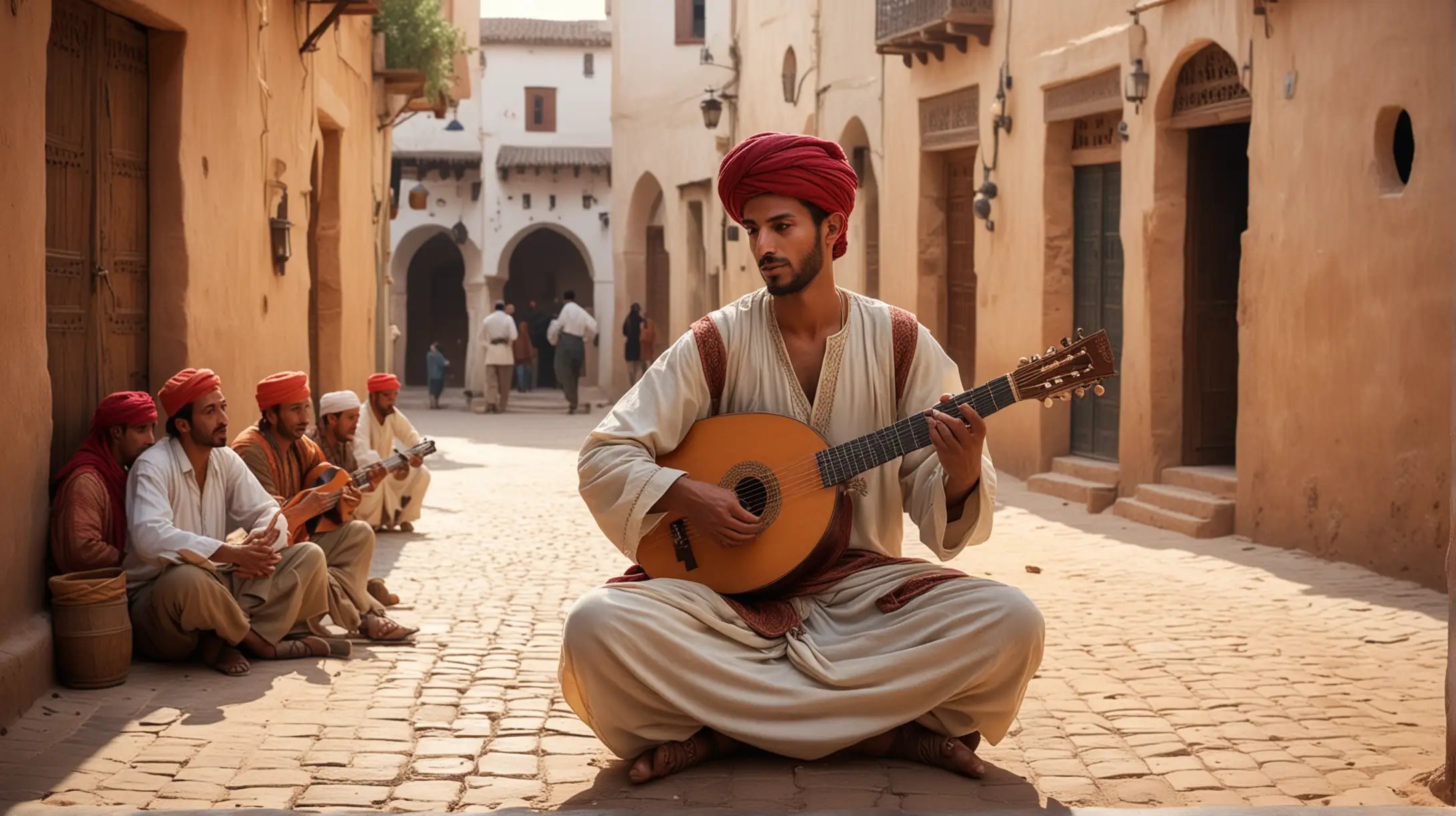 itinerant Moroccan musician, playing his lute in a traditional village square, for a small crowd, all traditional dress, daylight, very realistic, cinematic, orientalist painters style