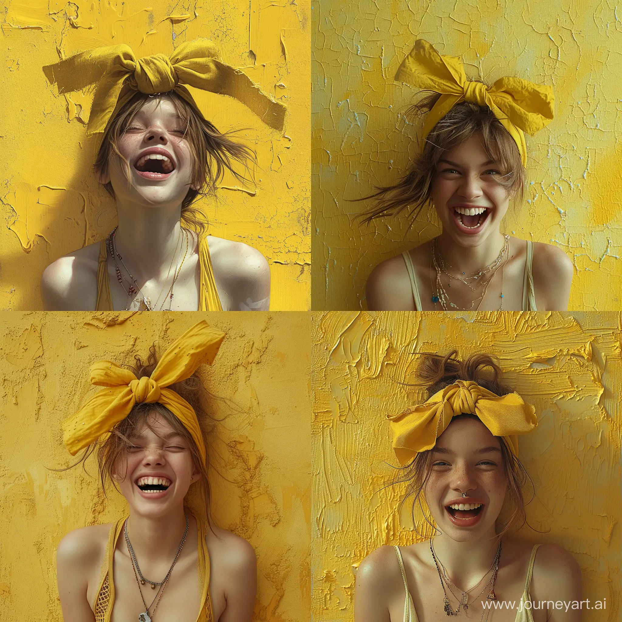 A girl with crazy laugh wearing a yellow headband tied in a bow on the top of their head. They have light brown hair that is pulled back and messy, with strands sticking out around the headband. The background is a textured, yellow surface that matches the color of the headband. The person's shoulders and upper chest are visible; they appear to be wearing a tank top or similar garment with thin straps. There are some necklaces around the person’s neck, adding detail to the otherwise simple presentation.
