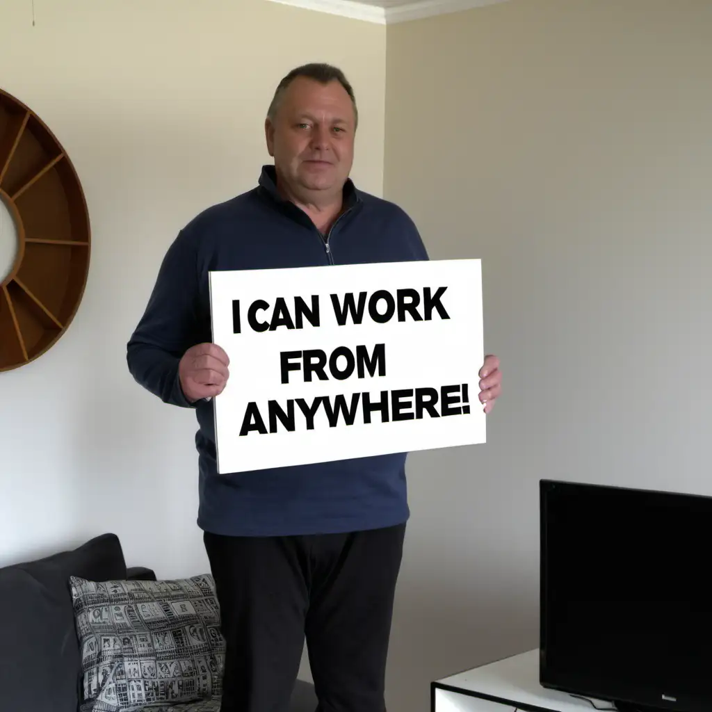 A 52 year old man is standing in his lounge room. He is dressed casually. He is holding a sign that says "I can work from anywhere."