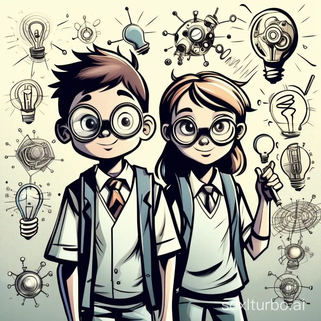 two inventor kids, a girl and a boy, with a lot ideas in their heads to science, art, sports in comic style