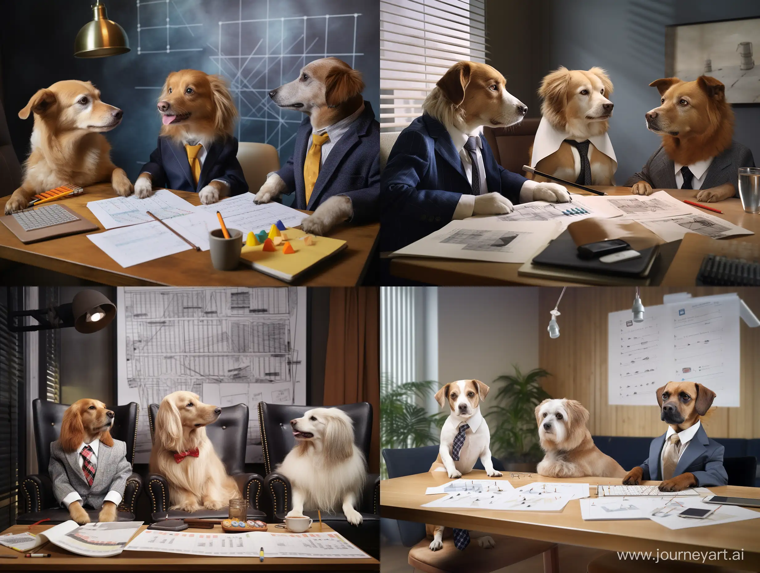 Business-Canine-Trio-Analyzing-Charts-and-Diagrams-in-Office