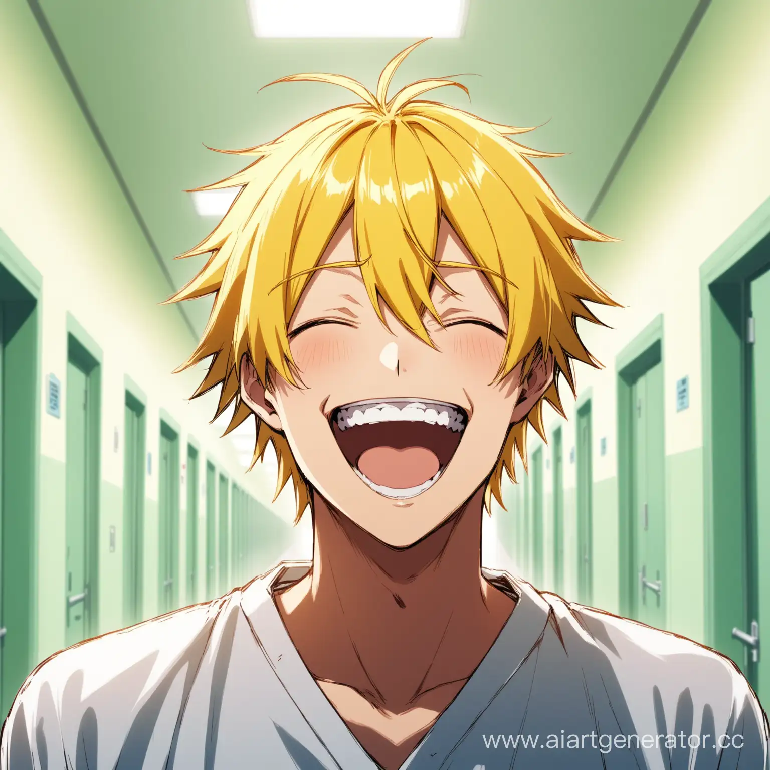 аниме парень с желтыми волосами смеется в психиатрической больнице