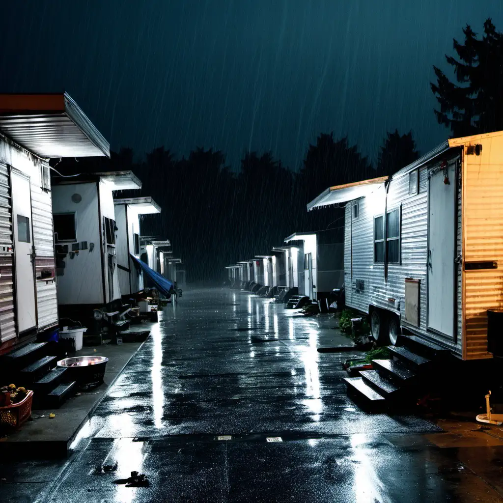 trailer park at night with rain falling looking down
