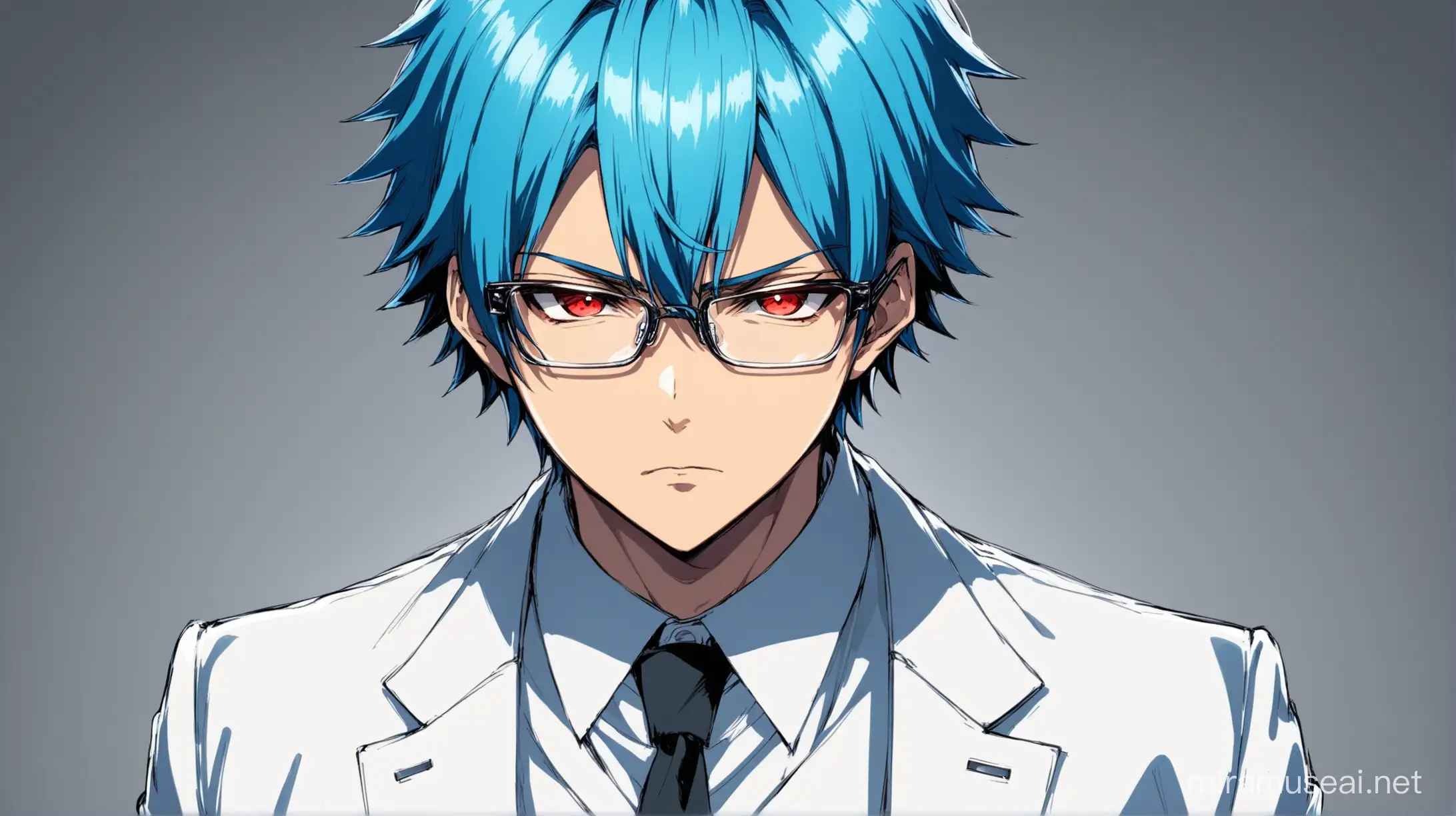 Anime Boy with Blue Hair in White Suit and Glasses