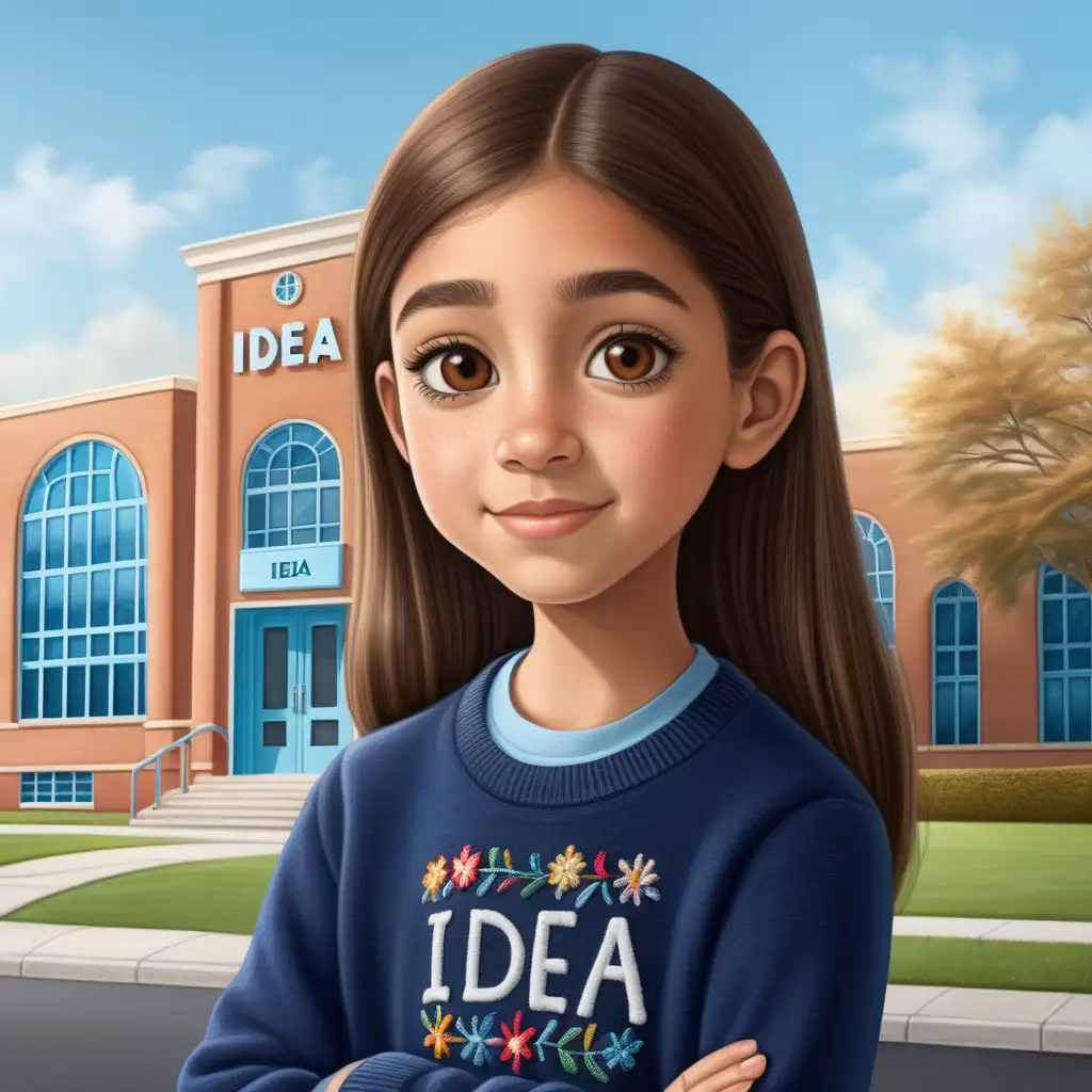 Create a young hispanic elementary school thin girl. With brown straight hair and brown eyes.  She aslo has white skin. She is also wearing a dark blue sweater that has embroidered the word IDEA on the top left of the sweater. Standing infront of here school called IDEA SCHOOL. The building is light blue color. 