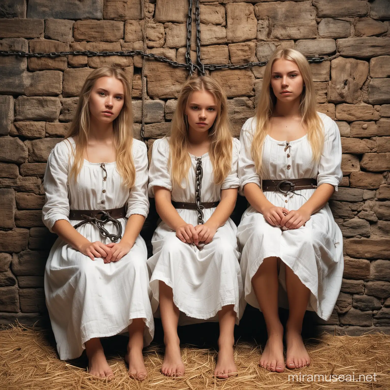Two beautiful blonde young peasant girls chained to wall in medieval dungeon. They are sitting on hay. They are barefoot wearing peasant white simple dress. They look sad 