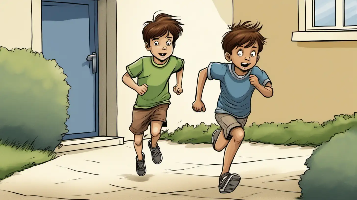 illustrate a ten years old brown hair boy running througt to outside, day time