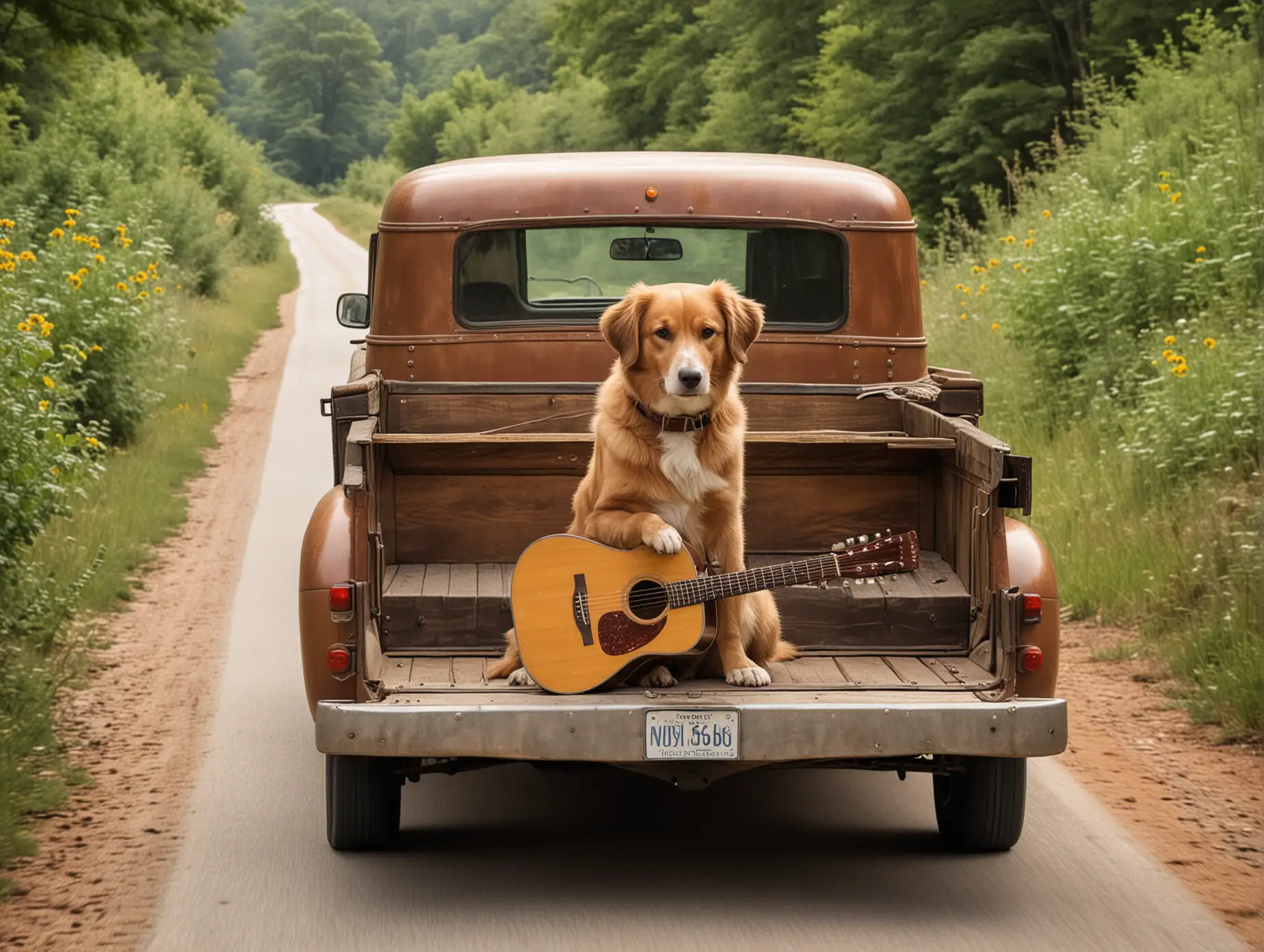 vintage pickup driving away down the winding road with an acoustic guitar and a dog in the truck bed

