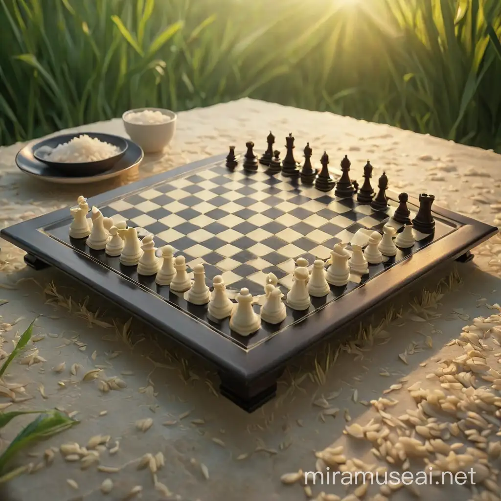 Strategic Chessboard with Rice Plate on Radiant Background