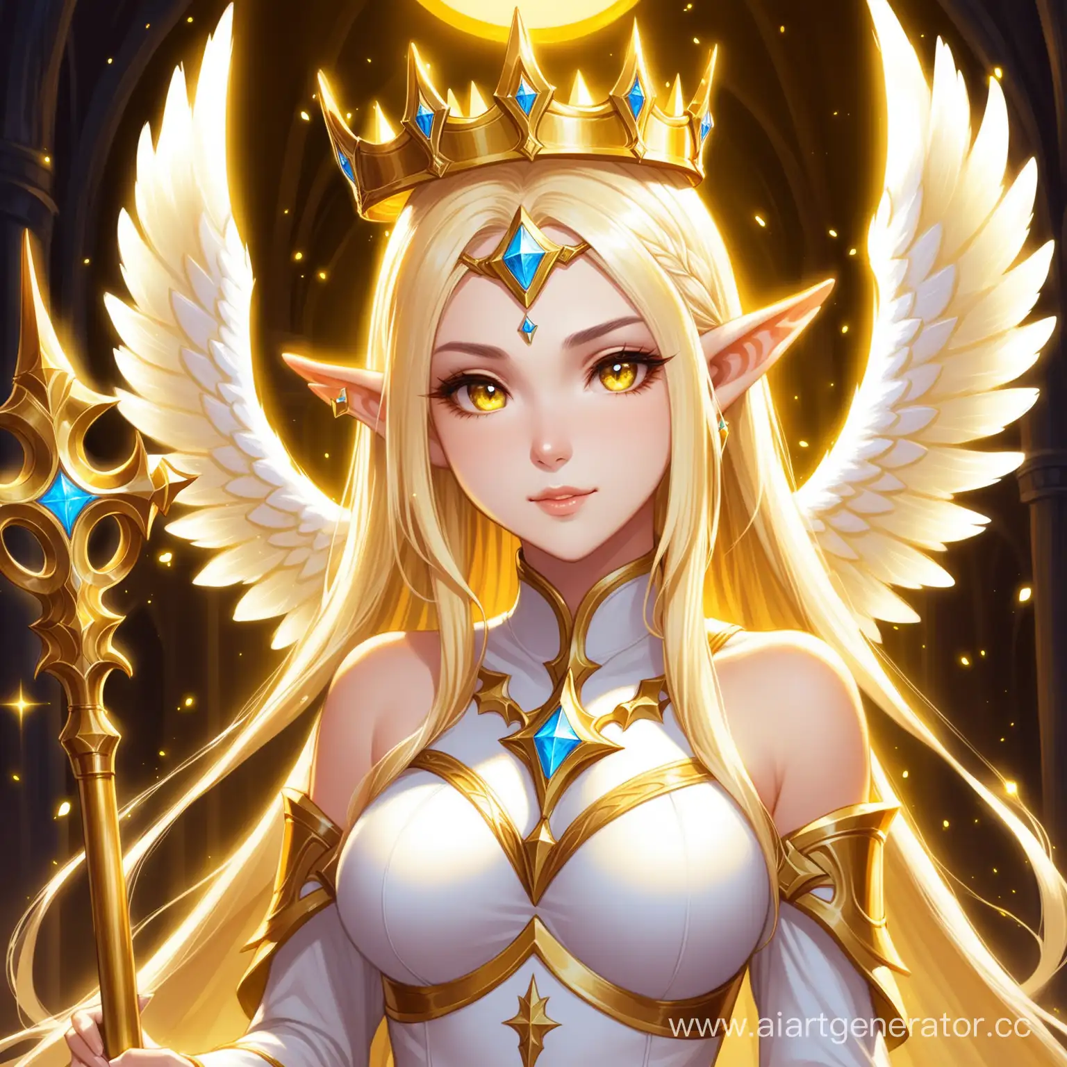 girl night elf from the game World of Warcraft. she is a Priest, she wears a white thin tight dress with gold embossing, on her head a golden crown, in her hands a golden scepter with angelic wings, behind her angel wings, her hair is white, her eyes are yellow, she resembles a goddess or an angel. 