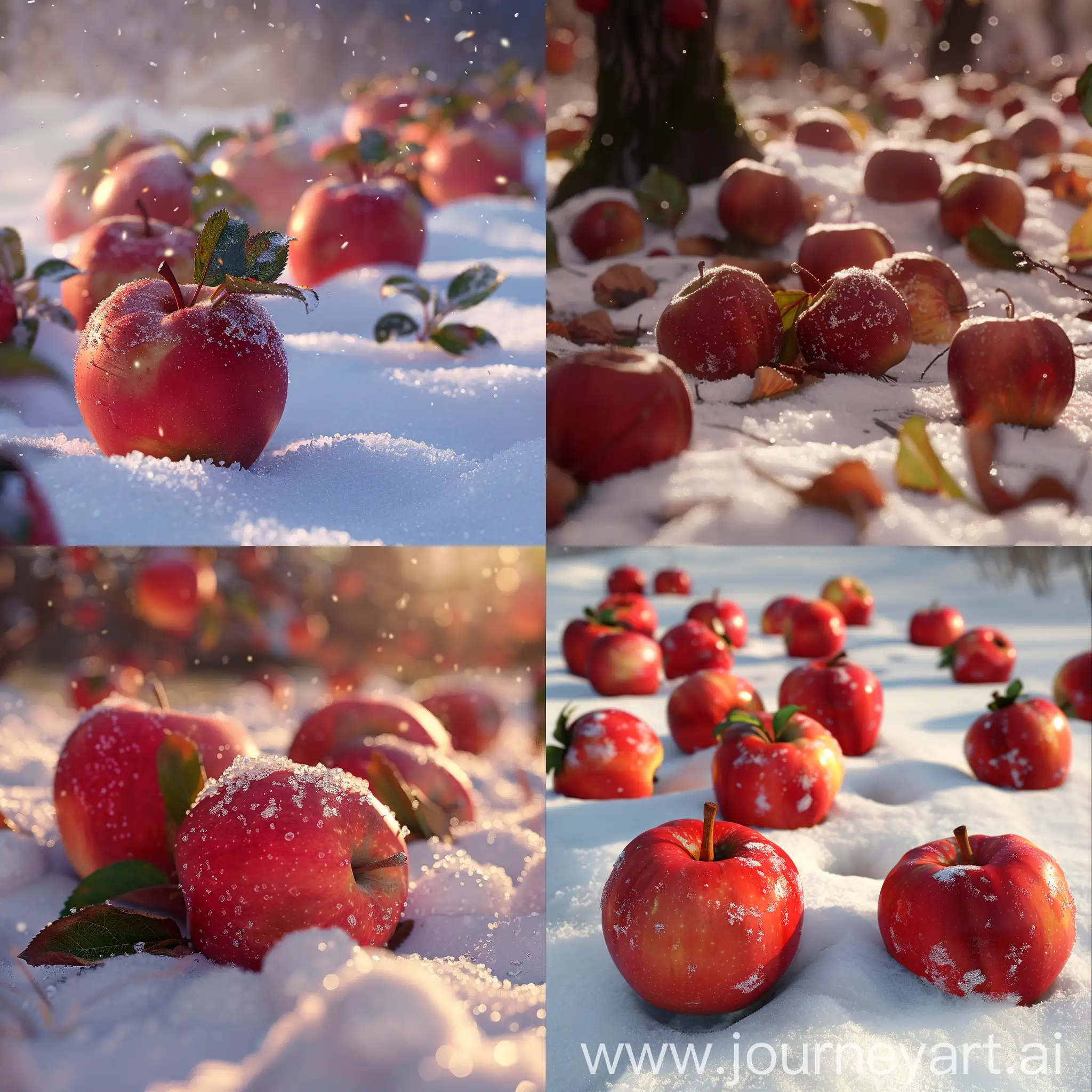 Apples lying in the snow :: 3D animation