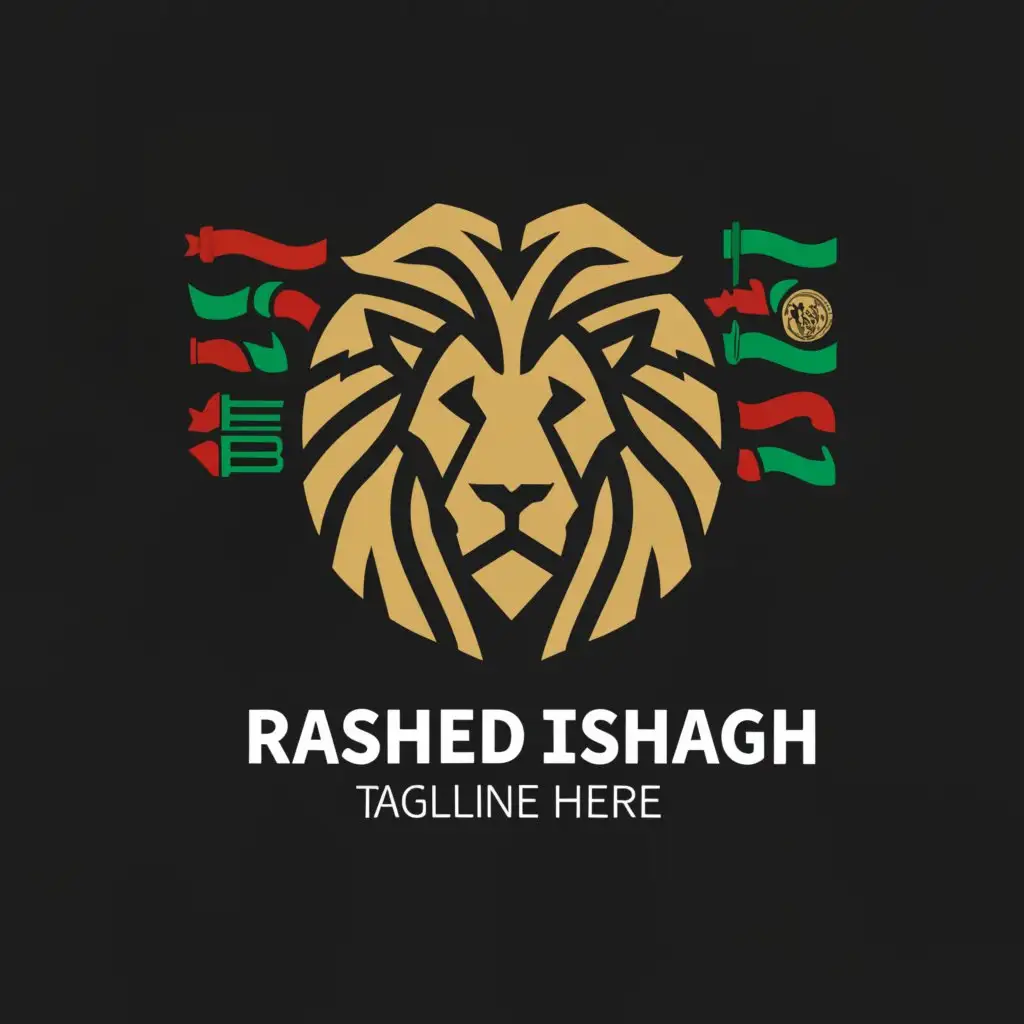 a logo design,with the text "Rashed Ishagh", main symbol:Lion with subtitles. Afghan flag. 2 titles of my gym life and school life.
I love money and,Moderate,clear background