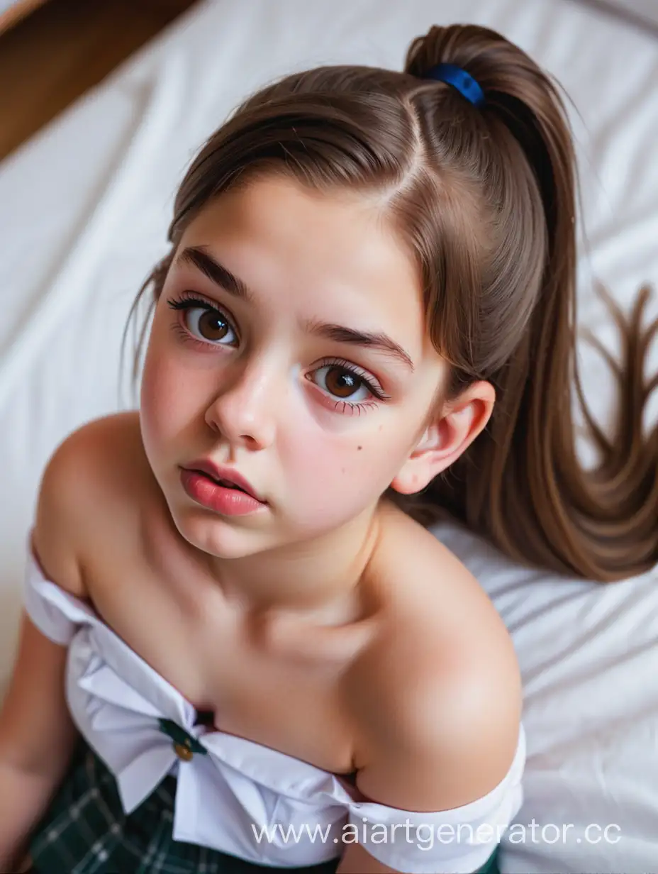 A girl. The girl wears a mini school uniform, strapless. 12 years old. Close-up. The photo taken from top. Lying on the bed. Bird's eye view. Plump lips. Close up. Head top view. Close up. Soft make-up. She has long ponytail hair. The girl is sad. The girl has a diffefent face. Brown hair. Thr girl is curvy. Mexican.