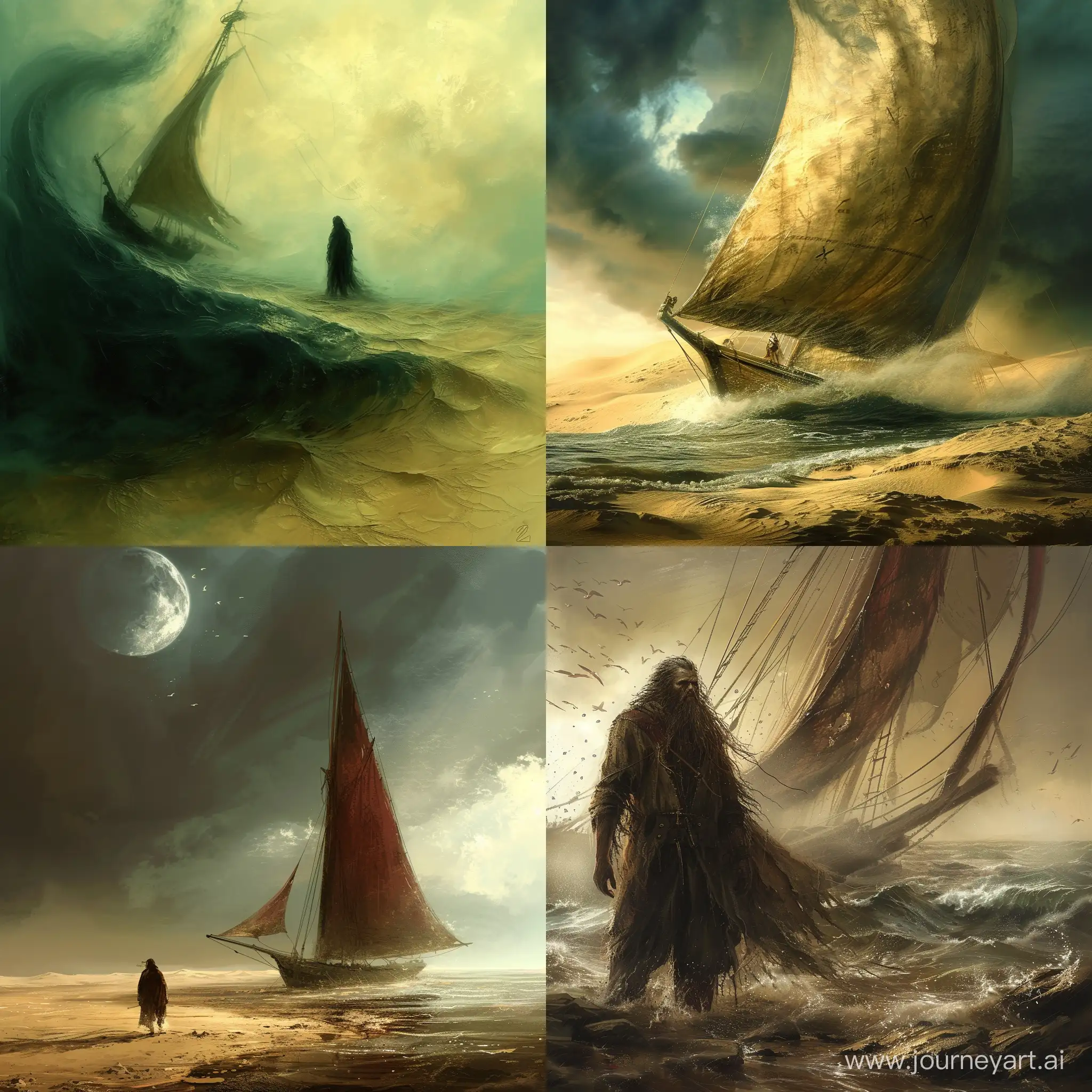 His sails hung limp, his spirit waned,
As Seafarer grappled with emotions unchained.
How could the ocean, once his home so grand,
Transform into a wasteland, a desert of sand?
