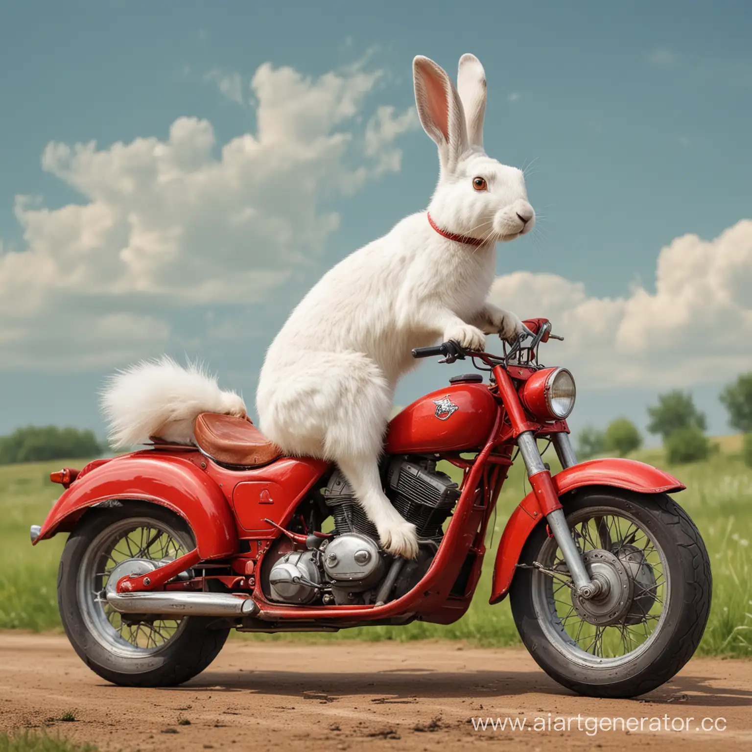 White-Hare-on-a-Red-Motorbike-in-a-Rustic-Landscape
